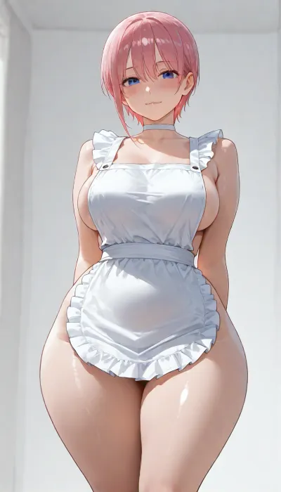 Sole girl, go-toubun_no_hanayome, nakano_ichika, young mature female, naked, 20 years old, beautiful slim body, medium natural breasts, (slender, wide hips, thick thighs:1.3), portrait, short pink hair, beautiful eyes, looking at viewer, white choker, soft smile, flushed cheeks, blushing, (standing, white background:1.3), detailed shadows, sexy pose, hands behind her back, (naked, wearing only a white apron, pokies:1.3), view from below