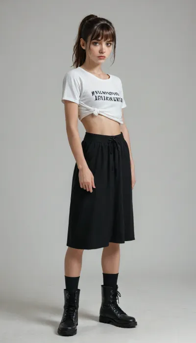 Stunning female, 24 years old, medium ponytail long bangs, [brown], named Jane, delicate facial structures, a narrow beautiful nose, small scar on her nose, brownish green eyes, tired look, eye bags, slightly sunken eyes, slavic roots, dark makeup, eyelids shadowed, skinny, petite, small breasts, small firm butt, slight abs, very small waist, bratty, outgoing, refugee, housemaid, loves to cook and exercise, curious look, full body view, standing with legs crossed, oversized plain T-shirt tucked in, [white], one shoulder is out, long loose skirt, basic black bra, basic black panty, black wool thigh high socks, black combat boots, white empty background