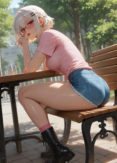 beautiful asian girl, adult, sitting on bench, outdoor, smoking, leaning hands on table, front-view, transparent-black beautiful glasses, white short hair with braids, Tucked-in French braids haircut, big hair clip, claw-hair-clip, medium breasts, perfect body, skinny legs, perfect small ass, retro Denim Shorts, very bright Light Wash shorts, ripped shorts, short-length shorts, High-rise shorts, oversized very-big relaxed-fit long plain-light-pink t-shirt, light-pink t-shirt, extra big t-shirt, black very-long lace-up boots, pink socks