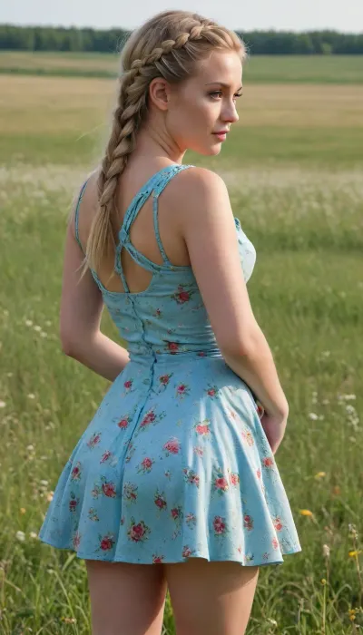 A beautiful young full-figured Russian braided blonde-hair girl with a round butt and big tits in a short light blue summer dress with floral pattern stands in a meadow, the wind lifts her skirt and reveals her naked hairy pussy, rear view, seen from behind, full body view
