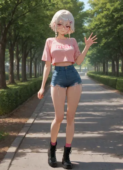beautiful asian girl, standing, curved body, curved pose, at park, outdoor, white drink in first hand, waving with second hand, waving, front view, transparent-black beautiful glasses, white short hair with braids, Tucked-in French braids haircut, big hair clip, claw-hair-clip, medium breasts, perfect body, skinny legs, skinny, small ass, retro Denim Shorts, very bright Light Wash shorts, ripped shorts, short-length shorts, High-rise shorts, boxy crop-top plain-light-pink t-shirt, light-pink t-shirt, relaxed-fit t-shirt, boxy-crop-top t-shirt, black very-long lace-up boots, pink socks
