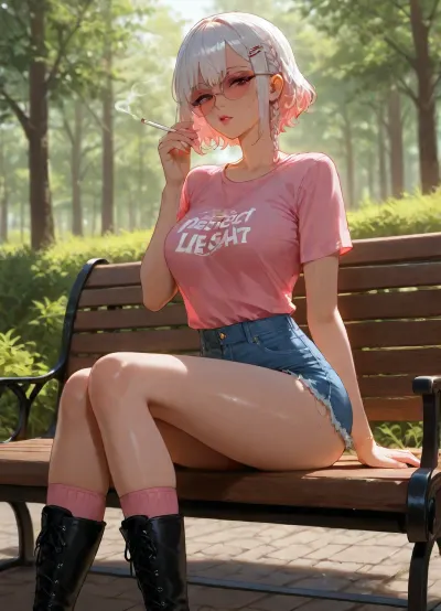 beautiful asian girl, adult, sitting on bench, outdoor, smoking, transparent-black beautiful glasses, white short hair with braids, Tucked-in French braids haircut, big hair clip, claw-hair-clip, medium breasts, perfect body, skinny legs, perfect small ass, retro Denim Shorts, very bright Light Wash shorts, ripped shorts, short-length shorts, High-rise shorts, oversized very-big relaxed-fit long plain-light-pink t-shirt, light-pink t-shirt, extra big t-shirt, black very-long lace-up boots, pink socks
