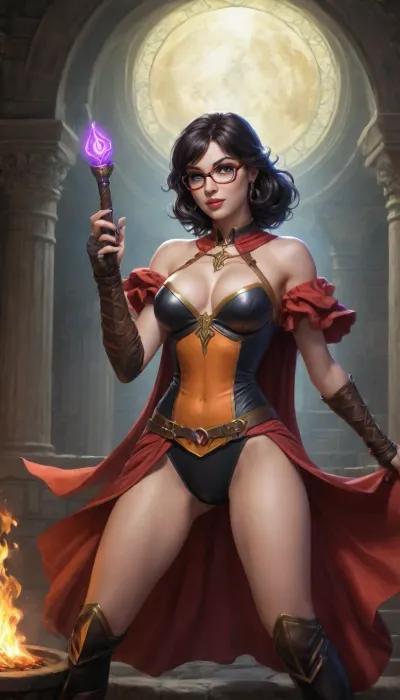 Voici un concept complet d'illustration de couverture, conçu dans un style Comic-Book / D&D classique, (encrage fort au cerne noir, trames de points Ben-Day, aplats de couleurs saturées et ombrages dynamiques), .

Description Détaillée de l'Illustration
Composition & Mouvement, (Plan d'ensemble dynamique), Au centre, (Focal point), Velma Dinkley, réinventée en jeune érudite/magicienne D&D. Elle porte ses lunettes emblématiques, (légèrement réfléchissantes), un chandail orange ajusté sous une plastron de cuir gravé de runes, et une longue cape fluide. D'un air à la fois concentré eticieux, elle tient un grand grimoire ouvert d'où s'échappent des boules d'énergie magique dorée.
Premier plan, (Pied de page), Une table de taverne en chêne massif vue en plongée interactive. On y voit une chope d'hydromel qui se renverse, quelques pépites d'or qui sautent sous l'impact, et une carte au trésor écornée.
Second plan, (Gauche & Droite), À gauche, un Nain guerrier à la barbe tressée, l'air furieux, prêt à en découdre dans une bagarre de taverne.
À droite, un Elfe archer bondit depuis le comptoir en arrière-plan, arc tendu, créant une ligne de force diagonale très "comics".
Arrière-plan, L'intérieur chaleureux de la taverne aux poutres sombres, baigné par la lumière d'un lustre en roue de charrette. L'arrière-plan bascule vers un fond violet/pourpre profond qui fait ressortir la silhouette des personnages.
Palette de Couleurs

Orange brûlé et jaune moutarde, (clin d'œil à l'héroïne), violet magique profond, marron cuir, et accents d'or éclatant.
Structure & Textes de la Couverture, (Format 16x24 cm), Bandeau Supérieur, (Style Comics Vintage, En-tête), Bordure, Ligne noire épaisse avec effet d'usure "pulp" sur les coins.
Cartouche du haut, Livret de scenarios solos et cooperatifs
Accroche en bulle, (Haut-gauche), « La Chope d’Or n’attend que toi ! »
Titre Principal, (Centre-Haut, Typo Fantasy Comic avec relief Jaune/Rouge)