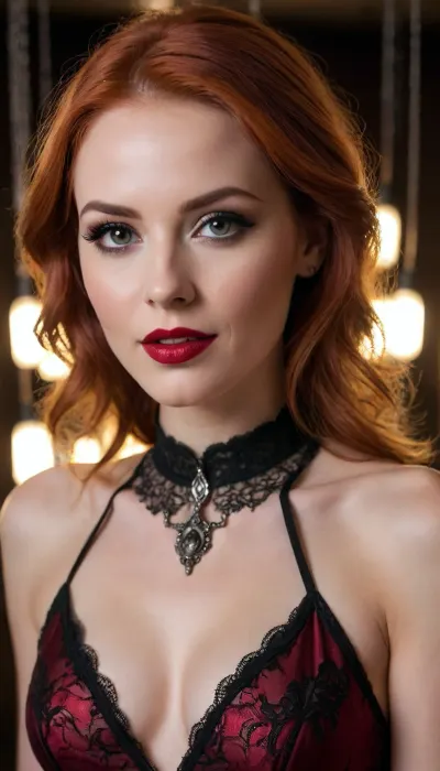 A high-end, dramatic portrait using the face of the woman from image_0.png through image_4.png. She has her characteristic vibrant, straight, redhead hair and is giving a knowing, direct gaze, smiling subtly at the camera, red lipstick, wearing an evocative outfit based on image_5.png and image_6.png. She is dressed in an intricate black lace and deep crimson velvet bodysuit with strategic sheer mesh panels, incorporating detailed silver filigree metal work and chains, including a delicate metal filigree choker and matching wrist cuffs. The setting is a dark, opulent, gothic-industrial alcove. Lighting is low-key, cinematic, and moody, with deep shadows and soft, selective spotlights highlighting her facial features, her hair's texture, and the metallic sheen. Her skin texture is hyper-realistic. The background is a soft, dark bokeh of industrial textures, rich fabrics, and warm, dim ambient lights.