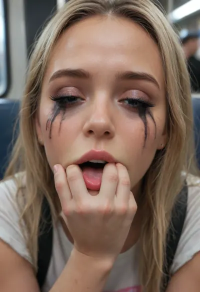 In an almost empty, realistically depicted New York dark subway car, (full deep drunk sleeping on her backpack, young Russian cute bimbo blonde girl), (clothed eyes), half-open mouth, small tongue out, (close-up), (fingers wide spreading mouth:1.4), (ruined vulgar makeup:1.3), (18yo), asleep on all fours on a seat, hand behind head, her legs spread, she is wearing a short black leather miniskirt, black high heels, and a tight-fitting white lace crop top, She has been dancing all night, her body is sweaty, her hair is matted, and her clothes are somewhat disheveled, homeless girl, perfect pussy