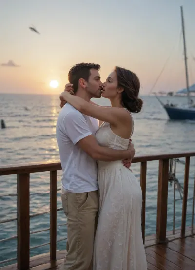 A mature couple is standing at the railing of a sailboat, embracing and kissing, blue sky, seagull
