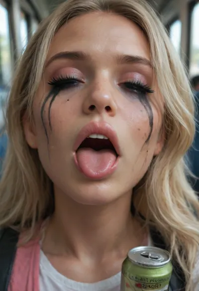 In an almost empty, realistically depicted New York dark subway car, (full deep drunk sleeping on her backpack, young Russian cute bimbo blonde girl), (clothed eyes), half-open mouth, small tongue out, (close-up face), many empty beer cans near, (ruined vulgar makeup:1.3), (18yo), asleep on all fours on a seat, hand behind head, her legs spread, she is wearing a short black leather miniskirt, black high heels, and a tight-fitting white lace crop top, She has been dancing all night, her body is sweaty, her hair is matted, and her clothes are somewhat disheveled, homeless girl, perfect pussy
