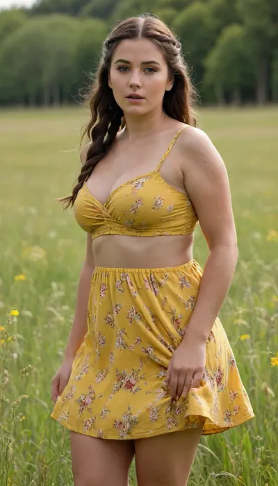 A beautiful young full-figured Spanish braided dark-hair girl with a round butt and big tits in a short yellow summer dress with floral pattern stands in a meadow, the wind lifts her skirt and reveals her naked hairy pussy, front view, full body view