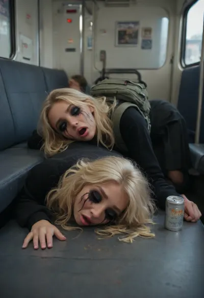 In an almost empty, realistically depicted New York dark subway car, (full deep drunk sleeping on her backpack, young Russian cute bimbo blonde girl), (clothed eyes), open mouth, many empty beer cans near, (ruined vulgar makeup:1.3), (18yo), asleep on all fours on a seat, hand behind head, her legs spread, she is wearing a short black leather miniskirt, black high heels, and a tight-fitting white lace crop top, She has been dancing all night, her body is sweaty, her hair is matted, and her clothes are somewhat disheveled, homeless girl, perfect pussy