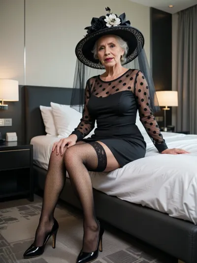 sitting in an elegant modern minimalist hotel bedroom, insanely detailed, fully furnitured, (((beautiful extremely elder extremely aged real 100 year old grandma:1.9))), ((busty:1.9)), Precisely detailed realistic wrinkled skin, (chubby), light glossy mahogany lipstick, strong fancy party makeup, (((very simple knee-length ultra-minimalist round-neckline mouring dress with matching long sleeves))), ((fully sheer polka-dotted dress)), ((elegant luxury wide-brim dress-matching floral hat with matching veil)), (((rimlight shine-through the dress:1.9))), (chiaroscuro:1.9), matching tight-high fishnet stockings, matching high heels, eye-contact, 8K, greatly improved quality, insane resolution
