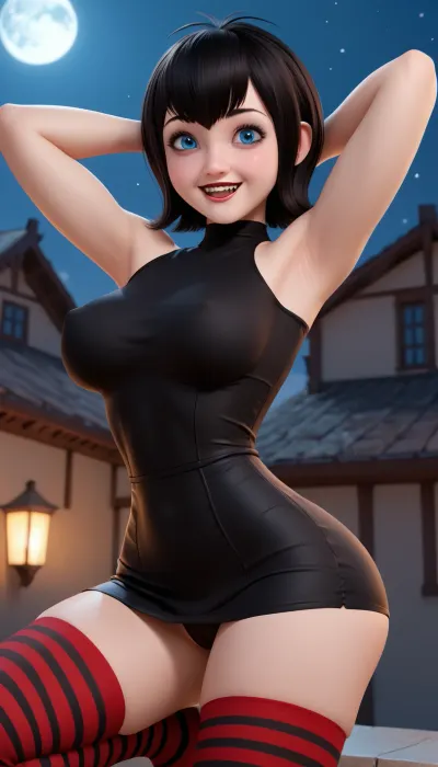 Mavis Dracula from Hotel Transylvania, smiling, fangs, big blue eyes, big eyes, high details, realistic, 4k, 3D, sfm style, 18 years old, beautiful face, short tube style black skin tight dress, short dress, hugs her curves, night time, full moon, (very narrow waist:1.4), athletic body, wide hips, large breasts, big round ass, black and red striped stockings, stockings run 3/4 up her legs, big booty, petite, dynamic pose, hand up, armpit, rear view, low light, roof of modern high building, crouching, side view, cameltoe, <lora:cameltoe XL:1>