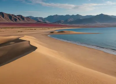 bright yellow sand beach with the dunes which contours outlined by dark brown lines in the foreground flows into the soft shapes of the high mountains in the background, their contours outlined by dark grey lines, sky is dark blue, turning into purple in the distance, with red reflections over the mountains, it must be evening, aquamarine of the reservoir complete width of the field of view separates the beach from the mountains on the horizon, laconism and graphicity in the drawing of landscape evoke images from ancient vase painting and enhance the dramatic effect, is enhanced by the light, which gives almost no shadows