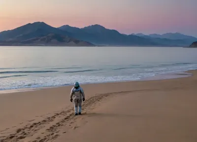 each color is solid and separated from the other by a thin line of a darker shade, bright yellow sand beach with the dunes which contours outlined by dark brown lines in the foreground flows into the soft shapes of the high mountains in the background, their contours outlined by dark grey lines, sky is dark blue, turning into purple in the distance, with red reflections over the mountains, it must be evening, aquamarine of the reservoir complete width of the field of view separates the beach from the mountains on the horizon, lonely small figure of a human in bright silver metal spacesuit with black face shield stands in foreground on the beach, a trail of footprints stretches across the sand from the human to the edge of the image, laconism and graphicity in the drawing of landscape evoke poster in constructivism style and enhance the dramatic effect, is enhanced by the light, which gives almost no shadows, the image is a symbol of loneliness and lostness in space