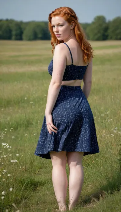 A beautiful young full-figured Irish braided ginger-hair girl with a round butt and big tits in a short dark blue summer dress with white dots stands in a meadow, the wind lifts her skirt and reveals her naked hairy pussy, front view, full body view