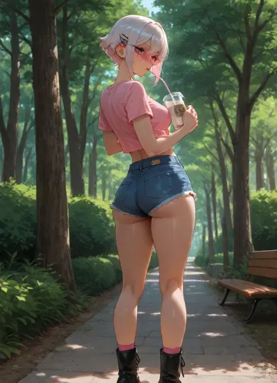 beautiful asian girl, adult, standing, at park, outdoor, drinking milk-tea, transparent-black beautiful glasses, white short hair with braids, Tucked-in French braids haircut, big hair clip, claw-hair-clip, medium breasts, perfect body, skinny legs, perfect small ass, retro Denim Shorts, very bright Light Wash shorts, ripped shorts, short-length shorts, High-rise shorts, boxy crop-top plain-light-pink t-shirt, light-pink t-shirt, relaxed-fit t-shirt, boxy-crop-top t-shirt, black very-long lace-up boots, pink socks