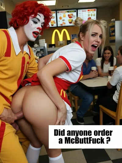The primary subject of the photograph is a young woman, appearing to be a fast-food employee, in distress. She is positioned in the foreground, leaning forward and to the right, her back mostly towards the viewer. Her face is turned towards the camera, and she is grimacing with her mouth wide open, suggesting a scream or cry. Tears are visible streaming down her cheeks, and her eyes are wide and distressed. Her hair is styled in two short blonde pigtails, secured with pink elastics. She is wearing a white uniform shirt with red trim and a red apron with a yellow logo, reminiscent of a fast-food chain's branding. Her lower body is prominently displayed, with her naked buttocks, creating a graphic and shocking visual. naked detailed shaved pussy, dark anus. She is wearing white thigh-high socks.

Fucking her from behind is a man dressed as Ronald McDonald in his yellow and red clown costume and red hair. Heavy clown makeup, red nose, white painted skin, black painted raised eyebrows, big red painted lips. Big red wavy hair wig. His hands grip her buttocks as he thrusts his penis deep into here vagina, explicit penetration and stretching of the virginal entrance.

The background depicts the interior of a fast-food restaurant, likely a McDonald's, given the prominent yellow "M" logo visible on a menu board. Tables with checkered patterns are present, with customers seated at them. Two men and a woman are visible in the mid-ground, seated at a table. One of the men is laughing heartily, holding a drink. Visitors stare at her naked ass, The woman next to him is also looking in the direction of the distressed woman and appears to be reacting. The lighting in the background is consistent with a commercial establishment, with overhead fluorescent lights illuminating the space. The overall environment appears somewhat sterile and mundane, creating a stark contrast with the highly dramatic and disturbing subject in the foreground.

White text box “ Did anyone order a McButtFuck ? “