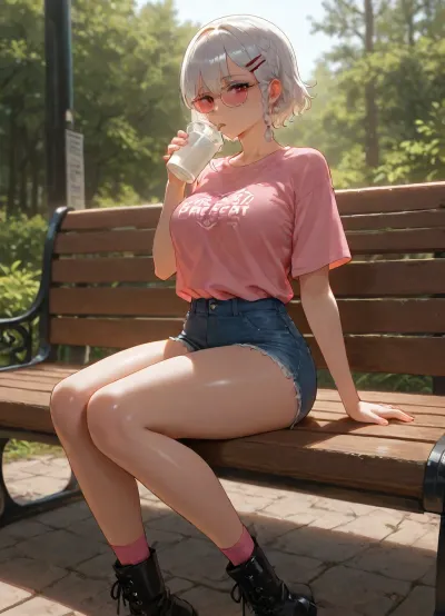 beautiful asian girl, adult, sitting on bench, outdoor, drinking milk-tea, transparent-black beautiful glasses, white short hair with braids, Tucked-in French braids haircut, big hair clip, claw-hair-clip, medium breasts, perfect body, skinny legs, perfect small ass, retro Denim Shorts, very bright Light Wash shorts, ripped shorts, short-length shorts, High-rise shorts, oversized very-big relaxed-fit long plain-light-pink t-shirt, light-pink t-shirt, extra big t-shirt, black very-long lace-up boots, pink socks