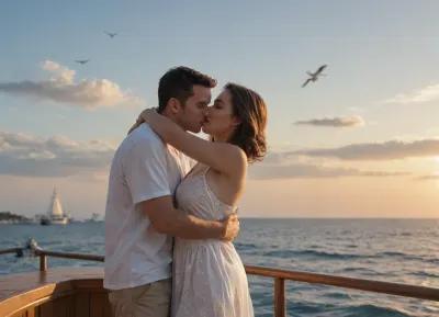 A mature couple stands on a yacht on the open sea, embracing and kissing, blue sky, seagull