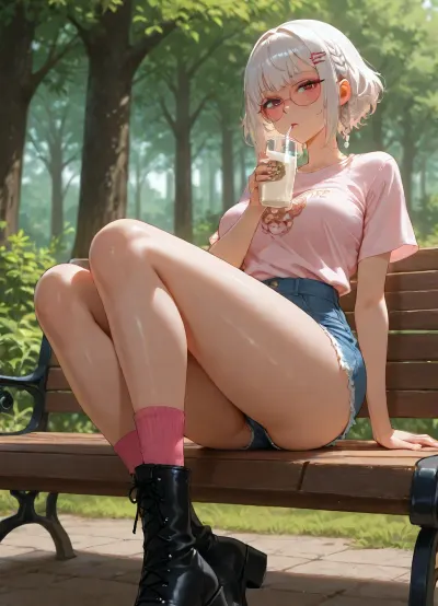 beautiful asian girl, adult, sitting on bench, outdoor, drinking milk-tea, transparent-black beautiful glasses, white short hair with braids, Tucked-in French braids haircut, big hair clip, claw-hair-clip, medium breasts, perfect body, skinny legs, perfect small ass, retro Denim Shorts, very bright Light Wash shorts, ripped shorts, short-length shorts, High-rise shorts, oversized very-big relaxed-fit long plain-light-pink t-shirt, light-pink t-shirt, extra big t-shirt, black very-long lace-up boots, pink socks