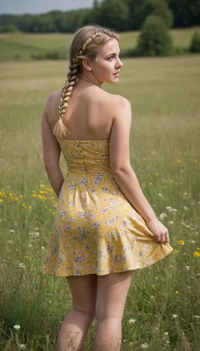 A beautiful young full-figured French braided blonde-hair girl with a round butt and big tits in a short yellow summer dress with floral pattern stands in a meadow, the wind lifts her skirt and reveals her naked hairy pussy, front view, full body view