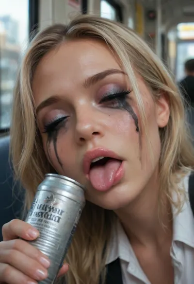 In an almost empty, realistically depicted New York dark subway car, (full deep drunk sleeping on her backpack, young Russian cute bimbo blonde girl), (clothed eyes), half-open mouth, small tongue out, (close-up face), many empty beer cans near, (ruined vulgar makeup:1.3), (18yo), asleep on all fours on a seat, hand behind head, her legs spread, she is wearing a short black leather miniskirt, black high heels, and a tight-fitting white lace crop top, She has been dancing all night, her body is sweaty, her hair is matted, and her clothes are somewhat disheveled, homeless girl, perfect pussy