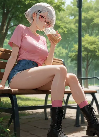 beautiful asian girl, adult, sitting on bench, outdoor, drinking milk-tea, transparent-black beautiful glasses, white short hair with braids, Tucked-in French braids haircut, big hair clip, claw-hair-clip, medium breasts, perfect body, skinny legs, perfect small ass, retro Denim Shorts, very bright Light Wash shorts, ripped shorts, short-length shorts, High-rise shorts, crop-top plain-light-pink t-shirt, light-pink t-shirt, relaxed-fit t-shirt, oversized crop-top t-shirt, black very-long lace-up boots, pink socks