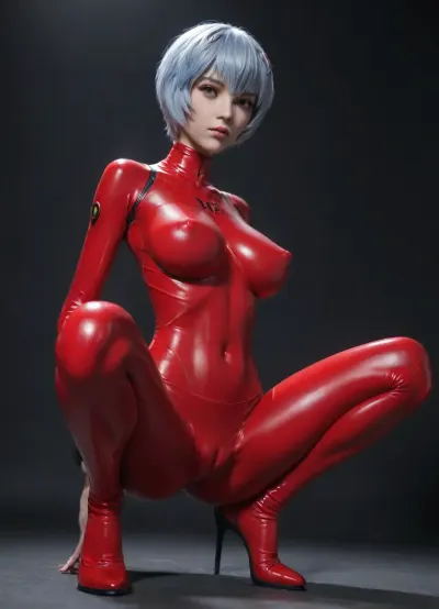 (intricately detailed Ayanami Ray from Evangelion in red latex full body catsuit), squatting, legs spread at maximum angle, (covered very massive nipples:1.5), (covered small conical breasts:1.6), (highly detailed hair), naked woman, (skinny:1.8), (huge cameltoe:1.7), Dark background