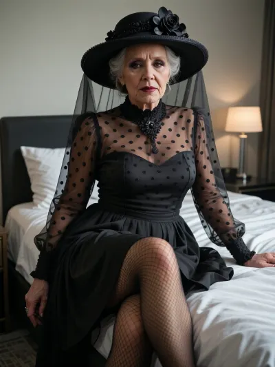 (((vintage style))), in an elegant modern minimalist hotel bedroom, insanely detailed, fully furnitured, (((nice kind beautiful extremely elder extremely aged ancient heavy 200 year old grandma:1.9))), dark-brown tanned skin, (((Precisely detailed realistic heavy wrinkled skin:1.9))), (((micro-detailed skin:1.9))), (chubby), light glossy mahogany lipstick, fancy black makeup, (knee-length ultra-minimalist round-neckline mouring majestic royal victorian all-around comprehensively sheer dress with matching long sleeves), (fully sheer polka-dotted dress), (elegant luxury wide-brim dress-matching floral hat with matching veil is covering her face), (((dimlight shines through the full-sheer transcluent dress:1.9))), (chiaroscuro dramatic lighting:1.4), matching tight-high fishnet stockings, matching high heels, eye-contact, 8K, greatly improved quality, insane resolution, ultra-sharp, anti-aliasing, image sharpening, (((shy, introvert))), ((close-up:1.4)), raytracing, anti-glare, anti-gloss, post-processing, enhanced reflections, (relaxing:1.9), (((post-orgasm face:1.9)))