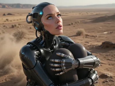 professional 8k cinematic photo of an advanced female gynoid robot sitting alone in the middle of a vast, barren desolate wasteland. She is hugging her knees with her arms tightly, her head tilted upwards, staring into the sky with immense, highly expressive eyes. Perfect human-like cybernetic anatomy. Intricate mechanical hands with long segmented titanium fingers, visible micro-hydraulic joints, and sleek carbon-fiber textures instead of veins. Seamless matte graphene skin panels on her face. Her eyes are massive, captivating optical lenses with sharp fractal aperture irises, deep sapphire color, containing a faint glowing HUD interface and realistic wet optical reflections of the sky. Finely detailed micro-sensor fibers as eyelashes. Dramatic top-down cinematic rim lighting casting deep artistic shadows, volumetric dust in the air. Shot on 85mm lens, f/1.4, Unreal Engine 5 render style, hyper-detailed mechanical joints, hard surface modeling, bokeh depth of field, masterpiece, (photorealistic texturing --ar 16:9), --stylize 400