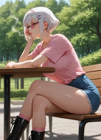 beautiful asian girl, adult, sitting on bench, outdoor, smoking, leaning hands on table, front-view, transparent-black beautiful glasses, white short hair with braids, Tucked-in French braids haircut, big hair clip, claw-hair-clip, medium breasts, perfect body, skinny legs, perfect small ass, retro Denim Shorts, very bright Light Wash shorts, ripped shorts, short-length shorts, High-rise shorts, oversized very-big relaxed-fit long plain-light-pink t-shirt, light-pink t-shirt, extra big t-shirt, black very-long lace-up boots, pink socks