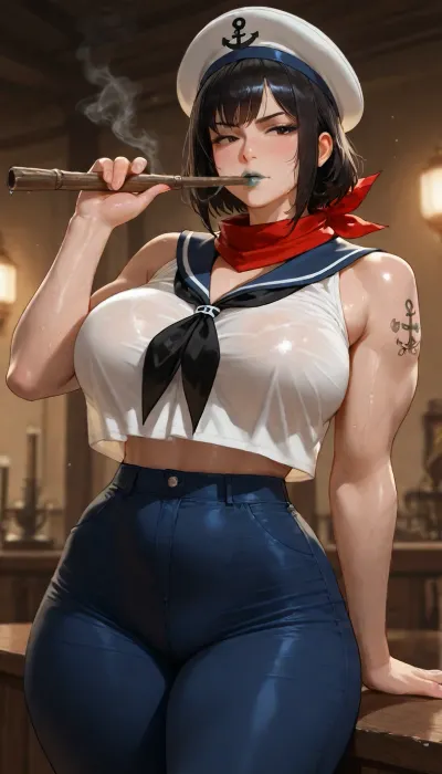 Female version of Popeye the Sailor, extremely muscular yet feminine body, huge defined arms and shoulders, narrow waist, wide hips, large breasts, one eye permanently squinted like classic Popeye, strong jawline, thick neck, short messy black hair under classic white sailor hat with black ribbon, smoking a wooden pipe, wearing a tight cropped white sailor shirt that barely contains her massive tits, blue sailor pants low on the hips, red scarf, anchor tattoos on both arms, thick veins on her forearms, spinach juice dripping from her mouth, highly detailed, realistic skin texture, sweaty skin, cinematic lighting, masterpiece
