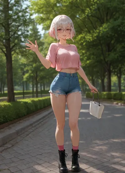 beautiful asian girl, standing, curved body, curved pose, at park, outdoor, white drink in first hand, waving with second hand, waving, front view, transparent-black beautiful glasses, white short hair with braids, Tucked-in French braids haircut, big hair clip, claw-hair-clip, medium breasts, perfect body, skinny legs, skinny, small ass, retro Denim Shorts, very bright Light Wash shorts, ripped shorts, short-length shorts, High-rise shorts, boxy crop-top plain-light-pink t-shirt, light-pink t-shirt, relaxed-fit t-shirt, boxy-crop-top t-shirt, black very-long lace-up boots, pink socks