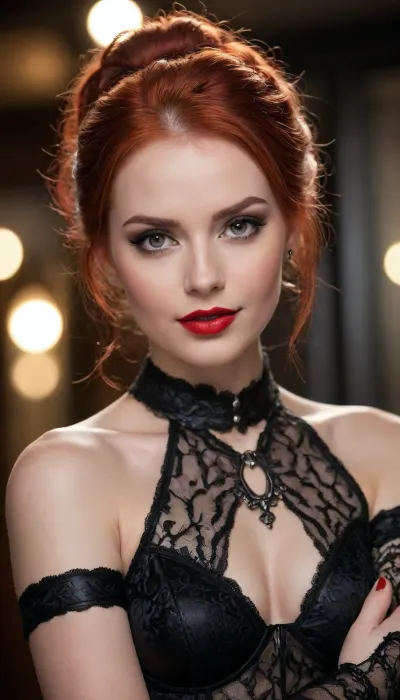 A high-end, dramatic portrait using the face of the woman from image_0.png through image_4.png. She has her characteristic vibrant, straight, redhead hair and is giving a knowing, direct gaze, smiling subtly at the camera, red lipstick, wearing an evocative outfit based on image_5.png and image_6.png. She is dressed in an intricate black lace and deep crimson velvet bodysuit with strategic sheer mesh panels, incorporating detailed silver filigree metal work and chains, including a delicate metal filigree choker and matching wrist cuffs. The setting is a dark, opulent, gothic-industrial alcove. Lighting is low-key, cinematic, and moody, with deep shadows and soft, selective spotlights highlighting her facial features, her hair's texture, and the metallic sheen. Her skin texture is hyper-realistic. The background is a soft, dark bokeh of industrial textures, rich fabrics, and warm, dim ambient lights.