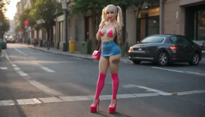 sunlight contrast, parking lot, (three prostitutebitches lots tattoos), ((huge lips lipstick eating finger cheeks smiling)), ((rolling big eyes)), (flashy clothing glowing colors), ((platform plateauheels high)), superwaist arching, mini microskirt, tight necklace, overknee longsocks, ((small handbag)), microbikini-top, (saggy breast sagging), pigtails bangs whitehair clip, (((pantiepull flashing))), (puffy pussy dildoing penetration:1.1), round ass from side, standing slowwalk