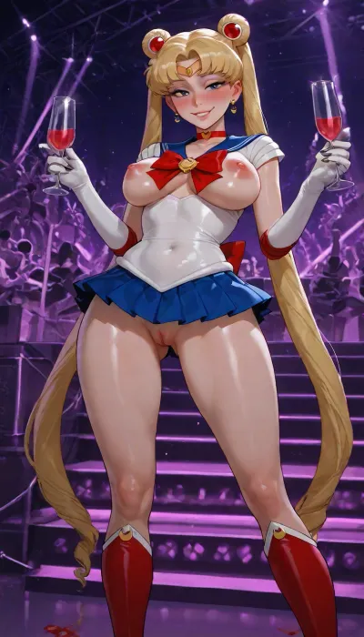 (incase), shemale with tiny cute penis, ((tsukino usagi:1.5), (sailor moon outfit), , , age 20, sexy petite body:1.2), saggy heavy breasts, (very long legs:1.2), very drunk, eyes open, blushing, confident, wide smile, earrings, ((nightclub, back arched, ((tits out)), stage)), smile, black_nails, (removing), indoors, makeup