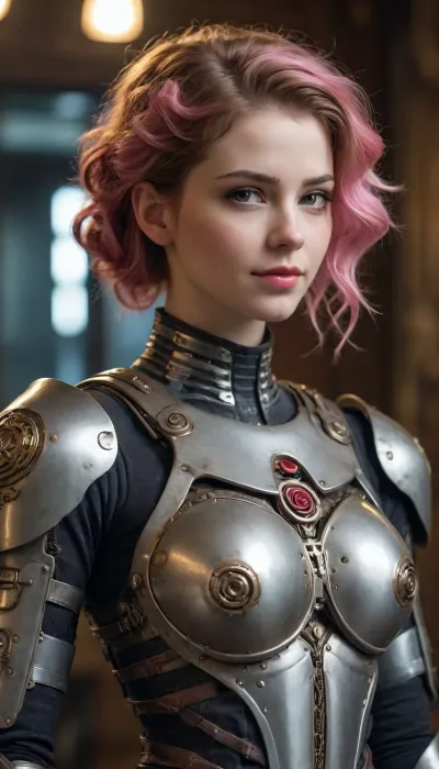 beautiful sexy slender young lady, hot sweaty pale white skin, kind soft, flirty eyes, flirty smirk smile, rough tangled rose hair, intricate mechanical clockwork body armour