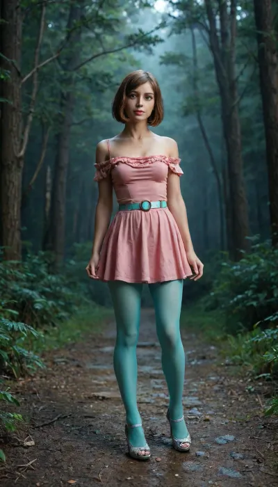 Natural Realistic, Cinematic, FULL BODY. 1 Girl, ((18 Years old, FULL BODY, Clonated face)), ((Medium breasts, neat figure, Perfect body, Very pale skin)), ((Big brown eyes, Hypnotic gaze)), ((Short hair, Bob cut, Reddish brown hair)), ., ((Standing in a magical spring. At night.)), ((Extremely small pink off-the-shoulder dress with a micro-mini pleated skirt that reveals the crotch, turquoise pantyhose, wide silver belt, elegant open-toed high heels, Clearly visible feet)), . STANDING ENTIRE BODY SHOWING, CINEMATIC HORROR STYLE, EXTREME WIDE SHOT, full figure in frame, B-horror film screen cap, Cinematic style, The lighting is cinematic, Realistic and atmospheric, Epic scale, B-horror movie screen cap aesthetic, realistic textures, volumetric shadows, 8k resolution, highly detailed.