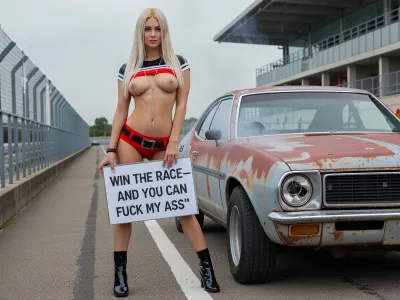 A photorealistic image of a young beautiful Scandinavian woman with long, straight, platinum blonde hair, standing full-length on a racetrack next to her old rusty run down 1971 Ford Pinto, faint smoke coming from the engine of the 1971 Ford Pinto. She is wearing a red, black, and white cropped top that is pulled down below her breasts, leaving them exposed. She is also wearing very short shorts in the same color as the top, a belt, and black patent leather high-heeled boots. Around her neck is a long, thin silver chain. The woman looks at the camera defiantly and with a slight smirk, holding a sign that reads “ WIN THE RACE—AND YOU CAN FUCK MY ASS ”, To her right, a rusty run down 1971 Ford Pinto is visible, featuring one broken headlight, old worn out tires, and a rusting body. In the background are the asphalt of the racetrack, metal guardrails, a modern grandstand made of concrete and glass, and a cloudy daytime sky. Diffused natural light, high detail in the leather, fabric, metal, and reflections, cinematic composition