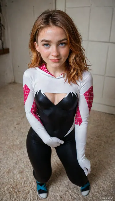 candid photo, horny 23 year old college slut, natural perky body, long ginger hair, realistic hairstyles, accurate realistic facial structure, ((wearing full sexy Spider-Gwen cosplay outfit)), ((she is posing for a seductive naughty sexting photo she is taking)), hands gliding over body, dark bedroom, orgasm smile, ultimate realism, realistic detailed skin texture, focus on realistic face, stunning eyes, Sun-kissed skin, full body, ((great angle view of very detailed face)), sadiesink101, n1rhpawg, red, hair, realistic, blue, eyes, photo, portrait, <lora:Sadie_sink_SDXL_101:2>, <lora:Sadie Sink:2>, <lora:real-humans-PublicPrompts:2>, <lora:LCMTurboMix_Euler_A_fix:.8>