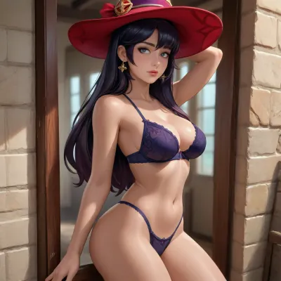 mona from genshin impact dross style reiq meets, woman, Busty lingerie model, cinematic photoshoot, shadows, huge breasts, long straight hair, big torso underwear, big underwear, skinny waist, large ass, huge, ass, breasts, big, hips, narrow, waist, <lora:BodyLicious:2>