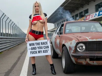 A photorealistic image of a young beautiful Scandinavian woman with long, straight, platinum blonde hair, standing full-length on a racetrack next to her old rusty run down 1971 Ford Pinto, faint smoke coming from the engine of the 1971 Ford Pinto. She is wearing a red, black, and white cropped top that is pulled down below her breasts, leaving them exposed. She is also wearing very short shorts in the same color as the top, a belt, and black patent leather high-heeled boots. Around her neck is a long, thin silver chain. The woman looks at the camera defiantly and with a slight smirk, holding a sign that reads “ WIN THE RACE—AND YOU CAN FUCK MY ASS ”, To her right, a rusty run down 1971 Ford Pinto is visible, featuring one broken headlight, old worn out tires, and a rusting body. In the background are the asphalt of the racetrack, metal guardrails, a modern grandstand made of concrete and glass, and a cloudy daytime sky. Diffused natural light, high detail in the leather, fabric, metal, and reflections, cinematic composition