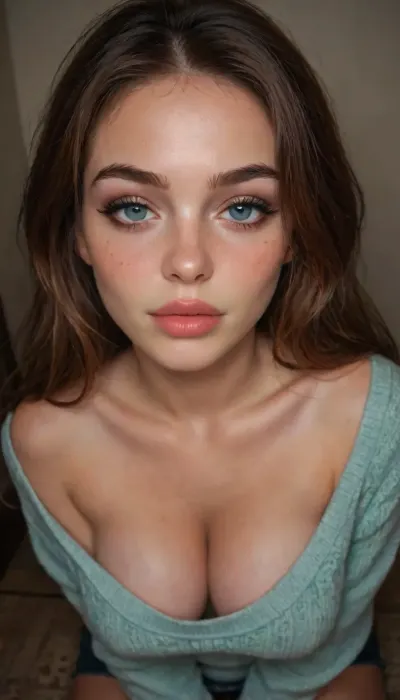 ziprealism, (score_9, score_8_up, 1girl), closeup shot, sharp focus, high saturation, high contrast, high angle, focus on eyes, perfect eyes, perfect hands, emo makeup, long eyelashes, full lips, (sultry facial features, 18yo beauty, naughty whore), (natural breasts, tight breasts, deep cleavage, loose comfy sweater, nipple slip, cozy bedroom, intimate moment:1.4), (seductive smile, wide shameless eyes, horny pose, blushing, flushed chest:1.4), (freckles, flushed face), (vibrant auburn hair, long hair hanging loose), igbaddie, <lora:igbaddie-XL:1>, <lora:add-detail-xl:1>