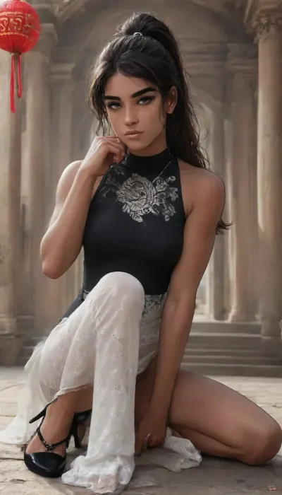 Andava, Andavaverse, Drawing, ((markgavatino style)), Melkor mancin style, 1woman, (solo:1.6), (3/4 body view:1.6), sitting pose, seductive pose, (35 year old beautiful Persian female:1.6), (very dark skin, black skin:1.6), ((brunette high ponytail hair with bangs)), (olive skin:1.6), (tight large breasts:1.2), ((seductive pose)), ((priestess dress)), ((white lace stocking)), ((black heels)), (temple:1.6), Khaba_Babes, <lora:Moebius (Jean Giraud) Style:.8>, <lora:lineartSDXL:.8>, <lora:2ellie-000003:1.6>, <lora:BT_Front_Cut-Out_Dress_XL:1.6>
