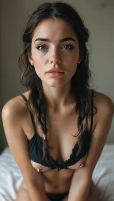 (1woman), full body view of a Sexy cute slender naked black haired brown eyed woman wearing a black tanktop on her knees looking up at the viewer, the viewer is looking down at the subject on her knees, (view form above subject:1.6), face close up, black braided hair, very long lace gloves going up to the shoulder, seductive smile, (biting her lower lip in ecstasy:1.9), very long lace stockings, high heels, lace choker, sexy face, (aroused look on her face:1.9), perfect anatomy, her face is rounded and symmetrical with a defined jawline and soft features. Her almond-shaped wide-set blue eyes are framed by well-defined arched eyebrows adding to her striking appearance. She has a straight proportionate nose with a narrow bridge that complements her facial symmetry, (pierced nipples:1.8), Her lips are full and well-contoured with a natural pink hue, while her prominent elevated cheekbones give her face a sculpted and refined look. Her complexion is clear and radiant, with a smooth texture that enhances her overall facial structure. She has a balanced oval-shaped face giving her a harmonious and elegant appearance, Khana_Babes, <lora:MJ52:.8>, <lora:style_lora_realis:1.3>