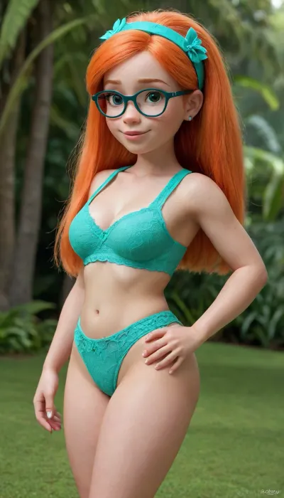 Tennie by A 3D animated character, pale full body shot of Mertle Edmonds from Lilo and Stitch.biger mose She is an 18-year-old girl with pale skin, vibrant freckles, ginger hair in two low pigtails with yellow hairbands, and a straight fringe. She wears thick, oversized round turquoise glasses. She is wearing a green hula lace and a grass hula skirt, looking proud and sassy. CGI, Pixar style, high-end 3D rendering, vibrant colors, tropical background, cinematic, breatrs bimboo 16k resolution, Consistence cutie toons alegría alegría charters/Bimbo gordita boody, lace boodysuite They legal chatting animatedly with hoties see view back and frent horny, súper butt, Biglong boobs posses exotic, broken g string in, Ilustarde, ginger hairy pussy, labia, clitoris, big, open, spread, closed, small, medium, large, long, shaved, pubic, hair, bad, lighting, bright, <lora:PinkPussy_v0:.5>, 1-alpha, .8>