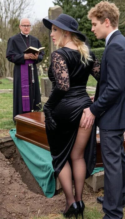 Graveyard, Rear view of a widow and young man side by side by a graveside. Ass view. The priest stands on the other side of the long open grave facing the camera, wearing his robes and vestments, with his bible open talking to the couple. Earth piled up by the grave covered in a green cloth. The mahogany coffin top just visible.
The couple are side by side looking away from the camera towards the priest in the background.

The woman is an obese blonde, 60+ yo, messy hair, wide brimmed floppy hat with a dark lace face veil. Pearl necklace, long black gloves. She wear a matronly long satin black dress with black lace sleeves, the dress is lifted at the back to expose her ass. Black stockings, black high heels, Wide ass. Unseen by the priest The young man has his hand on her wide ass and is squeezing her bum cheeks.

The man is sandy tousle haired of about 20 yo. Wearing a dark suit, he stands close next to the widow and squeezes her bum cheeks through the split in her dress.
The widow has her hand squeezing the young mans bum through his trousers.