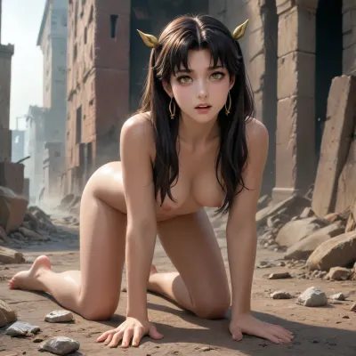 ishtar from fate/grand order dross style reiq meets, woman, a masterpiece, top quality, ultra-detailed, anime style, classic hentai aesthetics of the 90s and early 2000s, clean line art, smooth shading, set in a post-apocalyptic, ruined city, destroyed buildings with shattered walls, piles of rubble, broken glass, rubbish, dust and smoke in the air, overcast daylight, a completely naked young woman with long black hair and fair skin, on all fours, her back arched sharply, her eyes wide open in shock, her elbows resting on the ground, her skin glistening with sweat, behind her, a large, muscular, green-skinned, reptilian-like mutant, with powerful, muscular arms and torso, short horns on his head, yellow eyes with vertical pupils, sharp teeth bared in a snarl, twisted arms with varying numbers of fingers gripping her hips, a huge, thick, dark penis penetrates the girl deeply from behind, a long, slender tail, reddish at the tip, scars on her body, she is on her knees, outdoor sex amidst the ruins, the ground with small puddles, detailed anatomy, realistic proportions with a hentai twist.