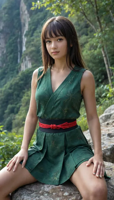 (Masterpiece, Top Quality), Close-up shot of a cute samurai princess. Sleeveless white koso with a bamboo pattern and a pale green edge on the inside of the koso on top. Entirely bare arms. Pale green pleated skirt. A large black pauldrone on her left shoulder. Black fingerless combat gloves. Black sash with a red cord. Black smooth long hair style with bangs. Feminine muscular body and firm upper body. Japanese actress's face with an extremely cute face. Black kyuhan on her feet. Standing on top of a large rock on a mountain. In a joyful expression, looking upward and around, clarity sky and intense sunlight, prisms of sunlight, vibrant green trees on distant mountains. Extremely realistic skin. Photorealistic. Overwhelming realism. Cinematic and dramatic atmosphere. Rich texture and detailed environment. Like a movie scene.