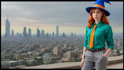 ((in avant‑garde painting style), (pop-art style), (cartoon style), (comix style)), short cheerful red-haired freckled girl, (boyish figure), blue wide-brimmed pointed hat, green oversized men's shirt, men's long wide orange tie, gray oversized men's wide trousers with turned-up legs and belted with leather belt, yellow shoes, clothes clearly from someone else's shoulder, around dull almost moon-like landscape to the horizon, gray rocks and gray sand under a pale yellow sky, huge ominous skyscrapers and towers of a cyberpunk-style city on horizon, the bright appearance of the girl contrasts with the gray-pastel range of the surroundings and the gloomy dark perspective of the city, sun or other light sources are not visible, lighting is even almost without shadows, girl stands on right side of frame sideways to viewer, half-turned, thoughtfully looking at city, view from aside.

side view, outside city, grey rocky desert, city on horizon, yellow sky, no sun, may be alien planet, girl drawn in very bright neon colors, hard contrast colors, (orange tie:1.4), (grey trousers:1.4), (green shirt:1.5), (blue witch-style hat:1.5), (single:1.7), (solo:1.7), (whole body visible:1.7)
