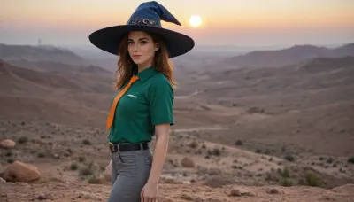 ((in avant‑garde painting style), (pop-art style), (cartoon style), (comix style)), short cheerful red-haired freckled girl, (boyish figure), blue wide-brimmed pointed hat, green oversized men's shirt, men's long wide orange tie, gray oversized men's wide trousers with turned-up legs and belted with leather belt, yellow shoes, clothes clearly from someone else's shoulder, around dull almost moon-like landscape to the horizon, gray rocks and gray sand under a pale yellow sky, huge ominous skyscrapers and towers of a cyberpunk-style city on horizon, the bright appearance of the girl contrasts with the gray-pastel range of the surroundings and the gloomy dark perspective of the city, sun or other light sources are not visible, lighting is even almost without shadows, girl stands on right side of frame sideways to viewer, half-turned, thoughtfully looking at city, view from aside.

side view, grey rocky desert, city on horizon, yellow sky, no sun, may be alien planet, girl drawn in very bright neon colors, hard contrast colors, (orange tie:1.4), (grey trousers:1.4), (green shirt:1.5), (blue witch-style hat:1.5), (single:1.7), (solo:1.7), (whole body visible:1.7)